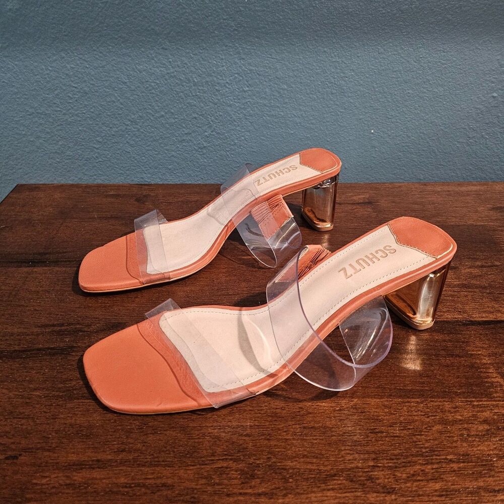 Schutz Ariella Sandals Womens Mid Heel Acrylic Clear Strap Brown Size 8.5B